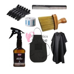 Set ustensile si accesorii frizerie, coafor, cu pamatuf, pelerina, pulverizator, șorț, clipsuri, rola frizerie, model KT010